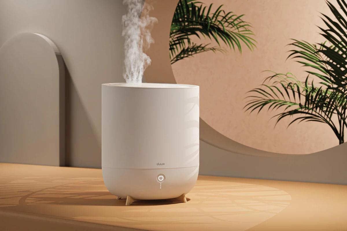 Duux Neo humidifier, Warm Greige colourway wide-angle CGI render