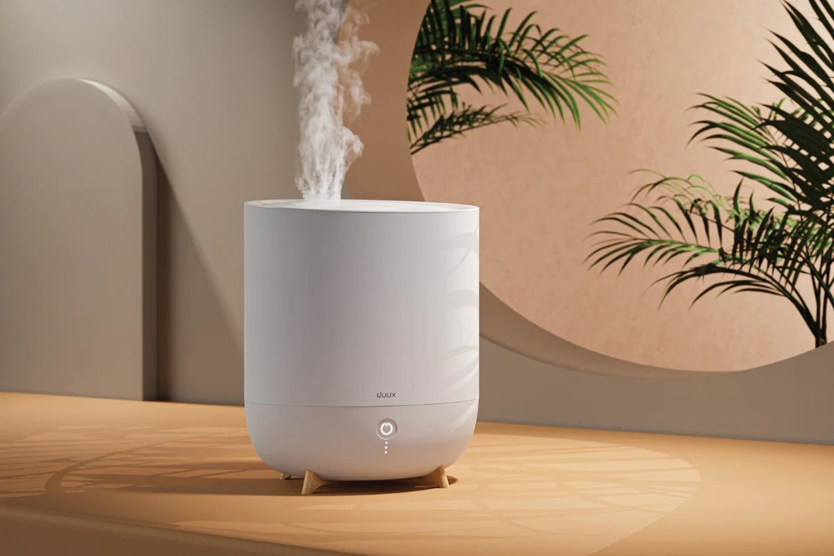 Duux Neo humidifier, White colourway wide-angle CGI render