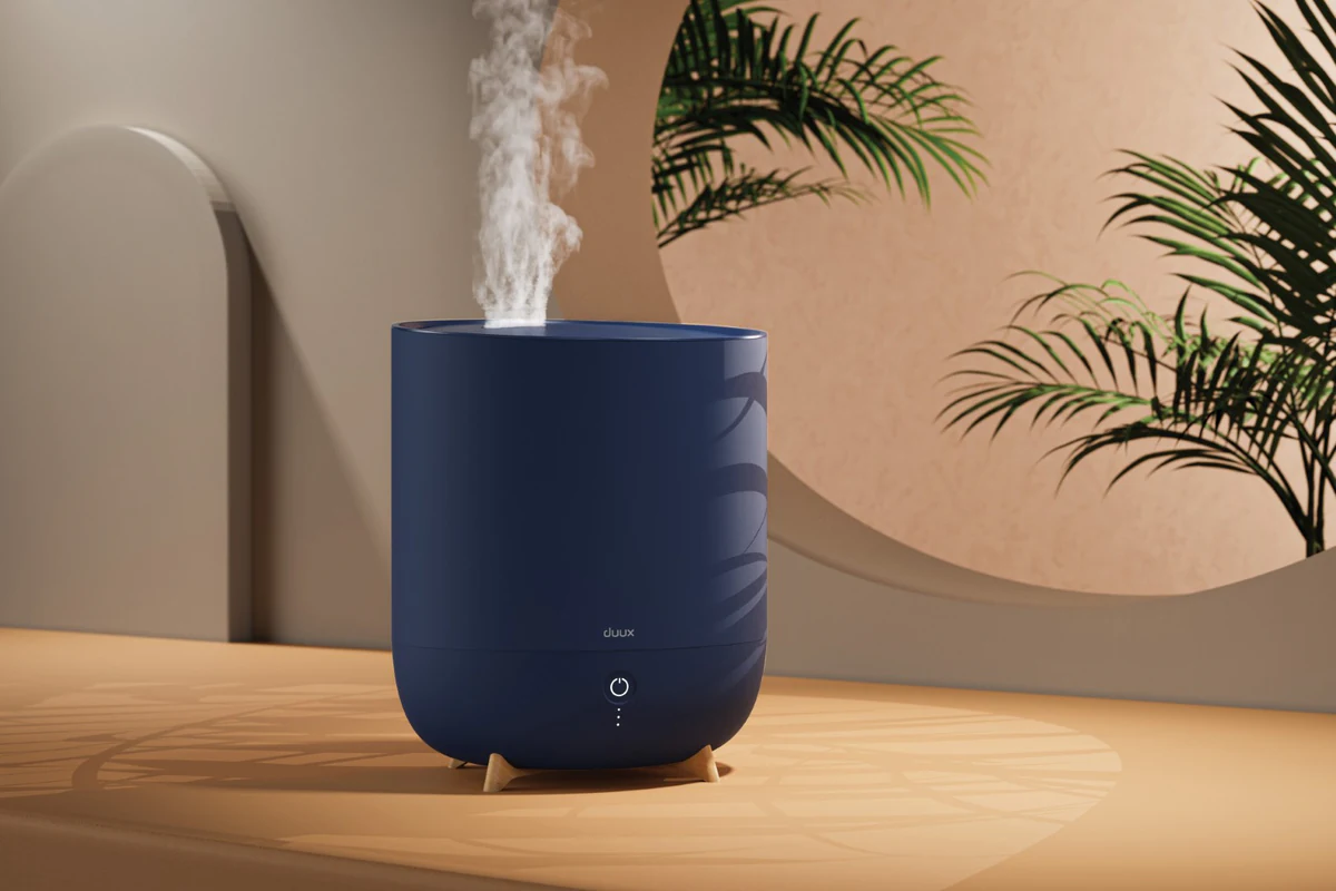 Duux Neo humidifier, Deep Blue colourway wide-angle CGI render