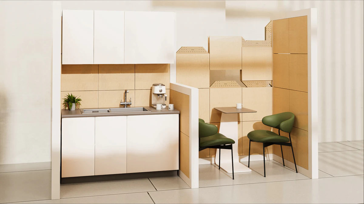 Modulite kitchen assembly, wide-angle interior scene render