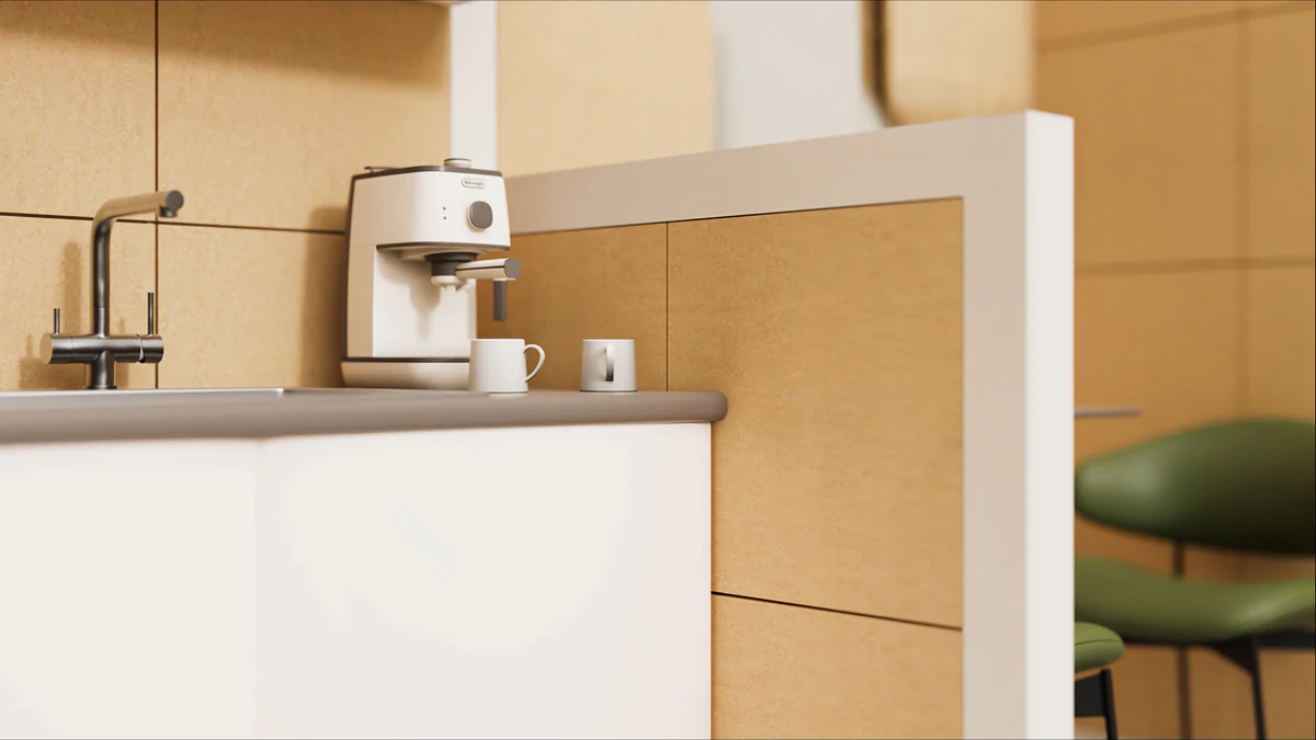 Modulite kitchen scene, zoomed interior render with finished assembly
