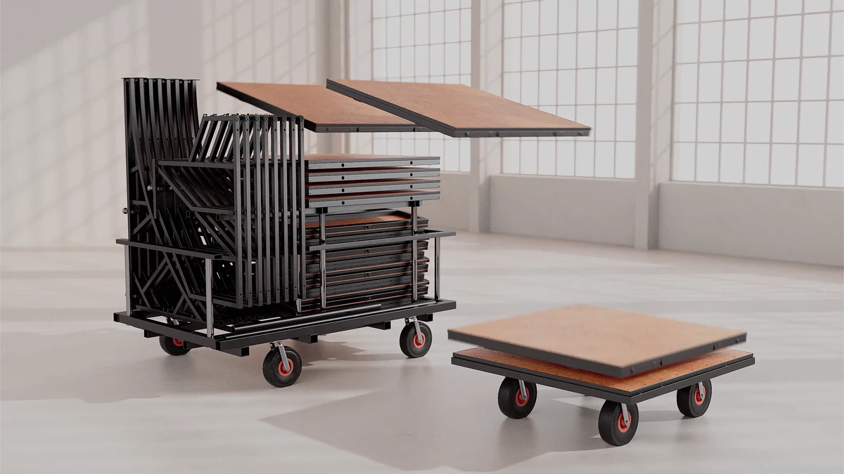 Nanuskate modular ramp packed on its transport trolley, deck panels loading beside a wheeled dolly