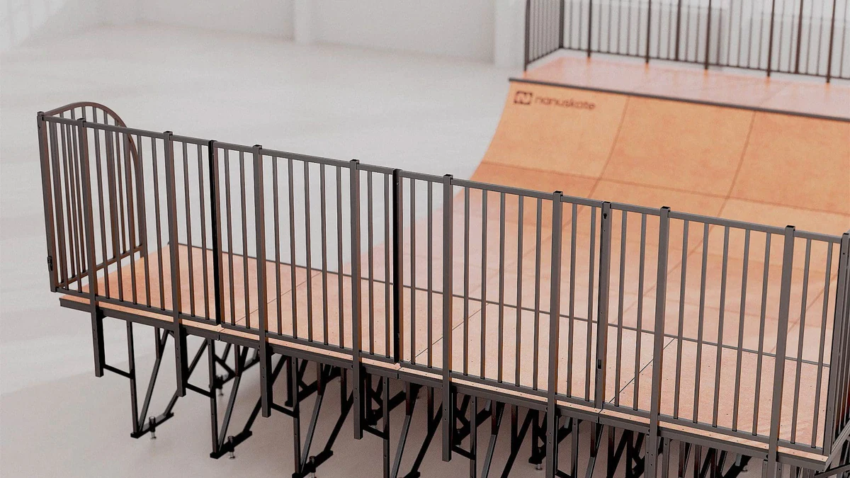 Nanuskate modular skate ramp still 08, assembled ramp lifestyle scene