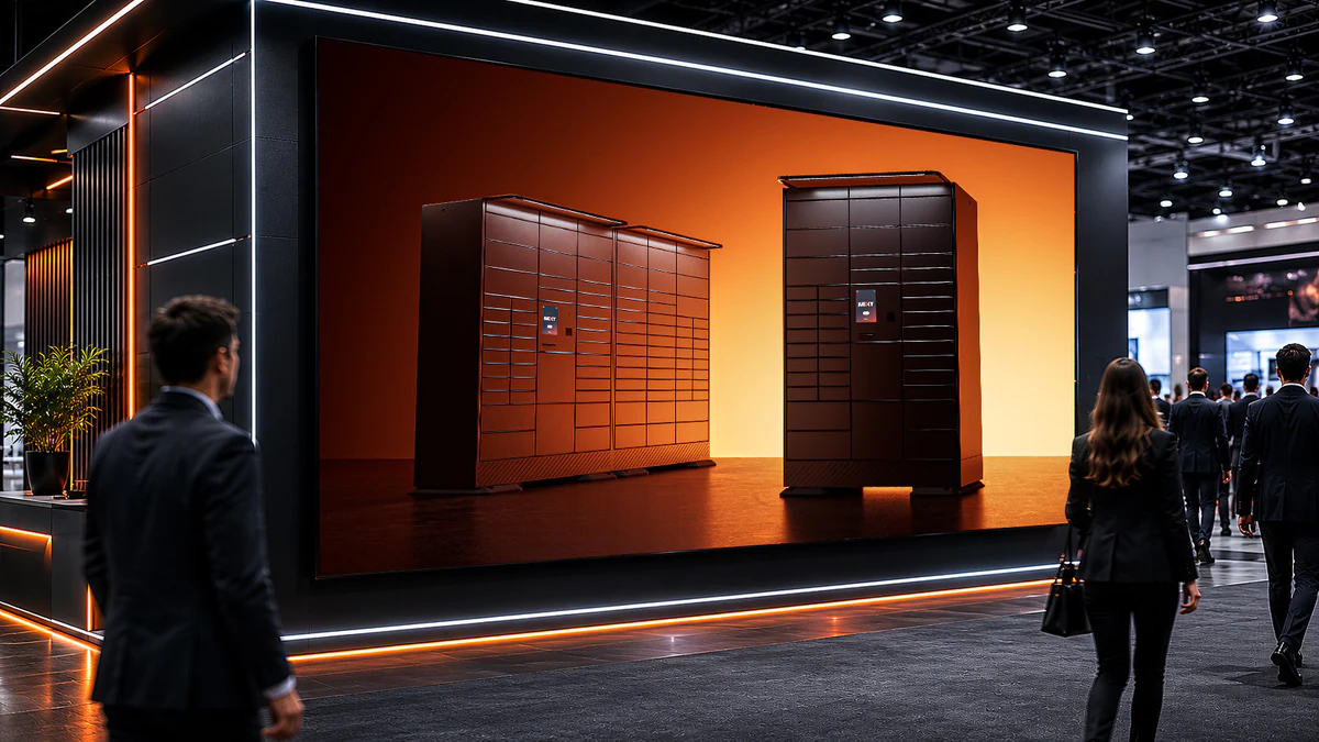 Concept visual: Bloq.it Next lockers on an exhibition stand, made with XO3D's CGI of the product