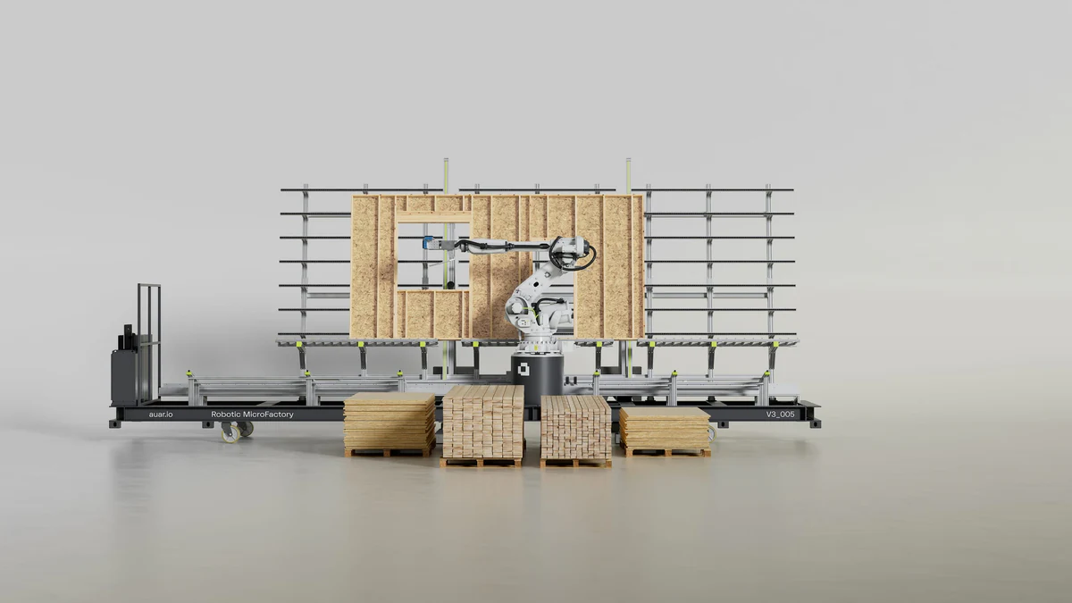 AUAR Robotic MicroFactory assembling a timber wall panel