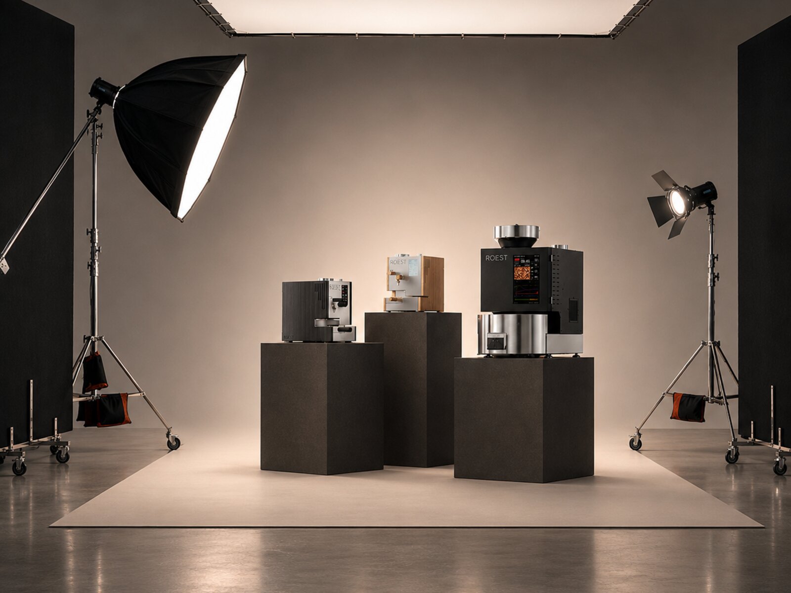 Traditional product photography studio setup — lights, camera, product sweep