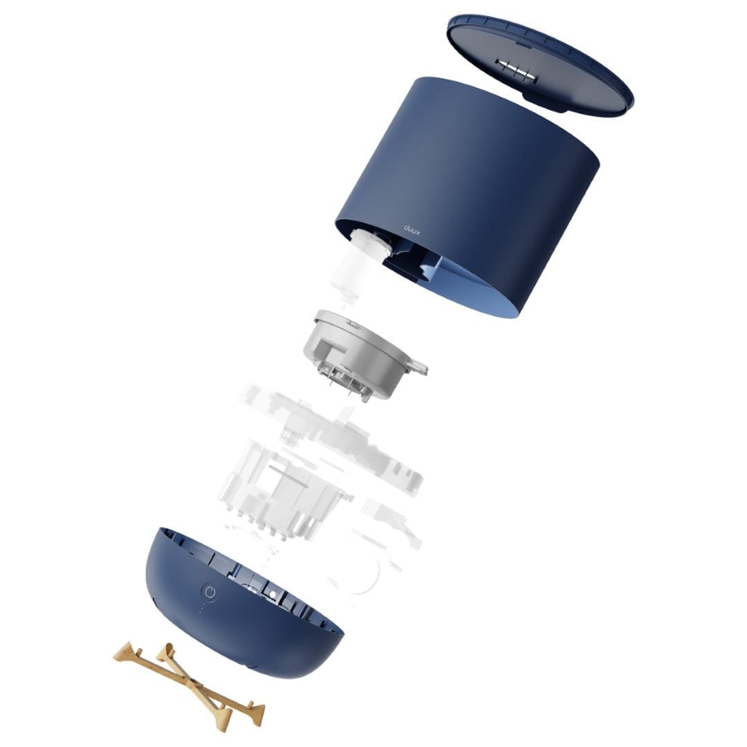 Duux Neo humidifier — Deep Blue colourway exploded view CGI render showing replaceable parts