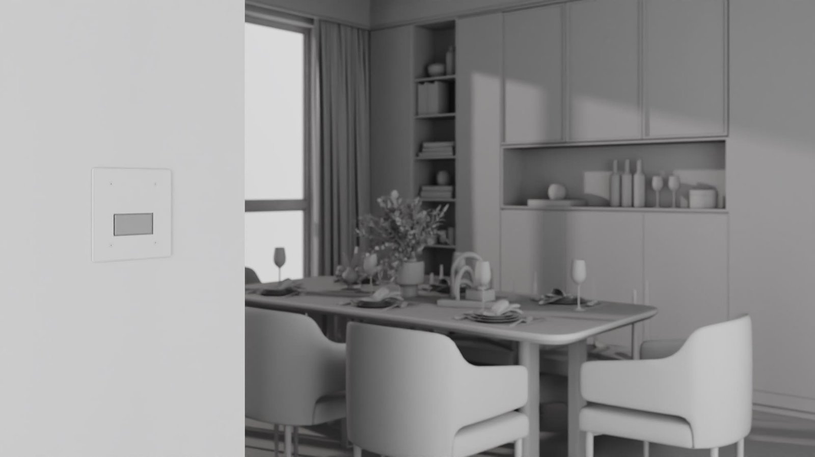 Plumis Automist greycard preview — dining room simulation pass