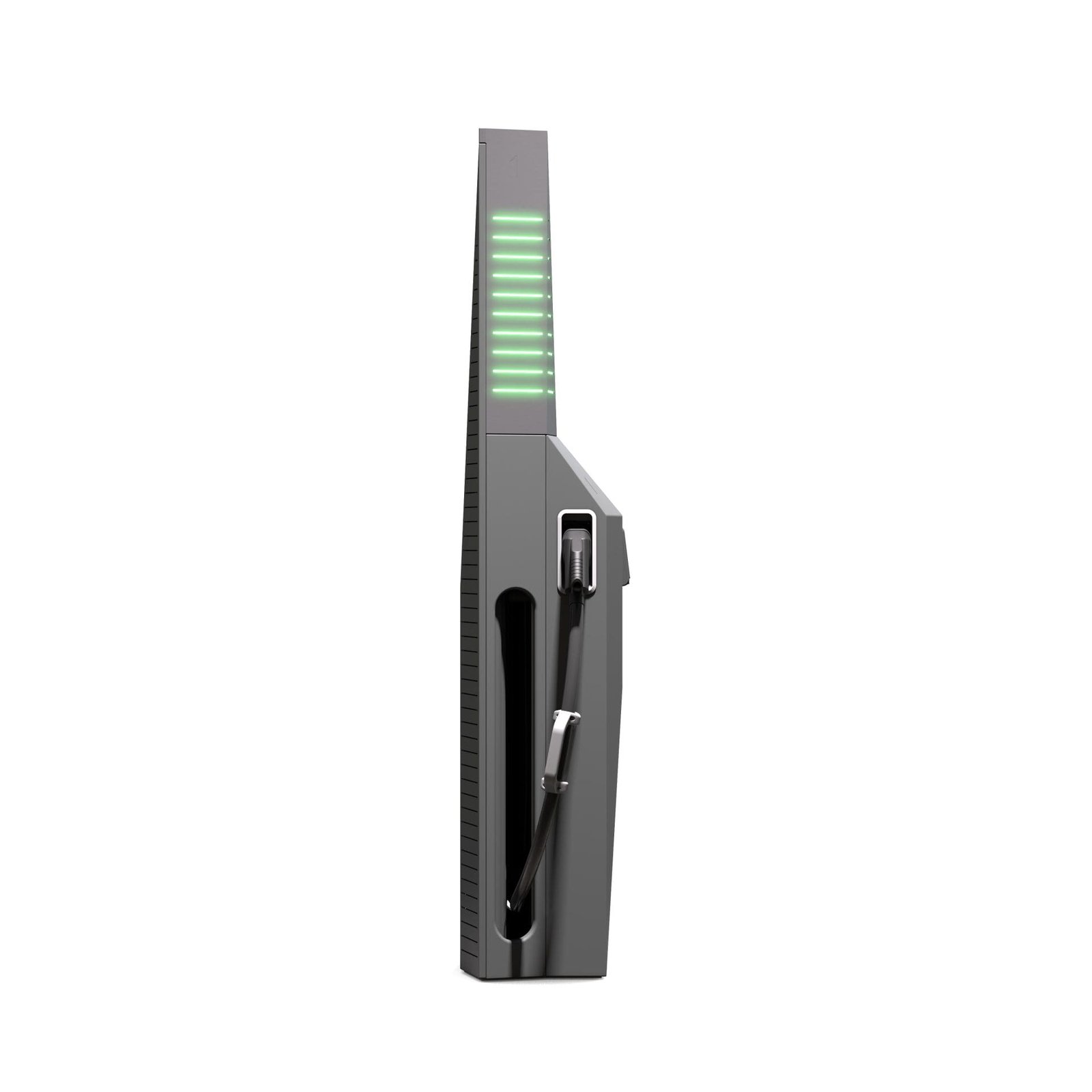 Right-side 3D render of the EV charge post showing the side profile, casing seams and access panel details