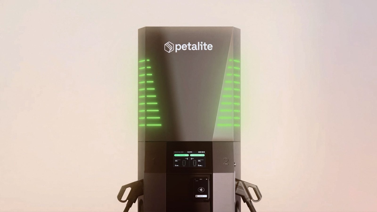 High-resolution 3D still render of the Petalite EV charging system showing the product form, casing details and key access panels