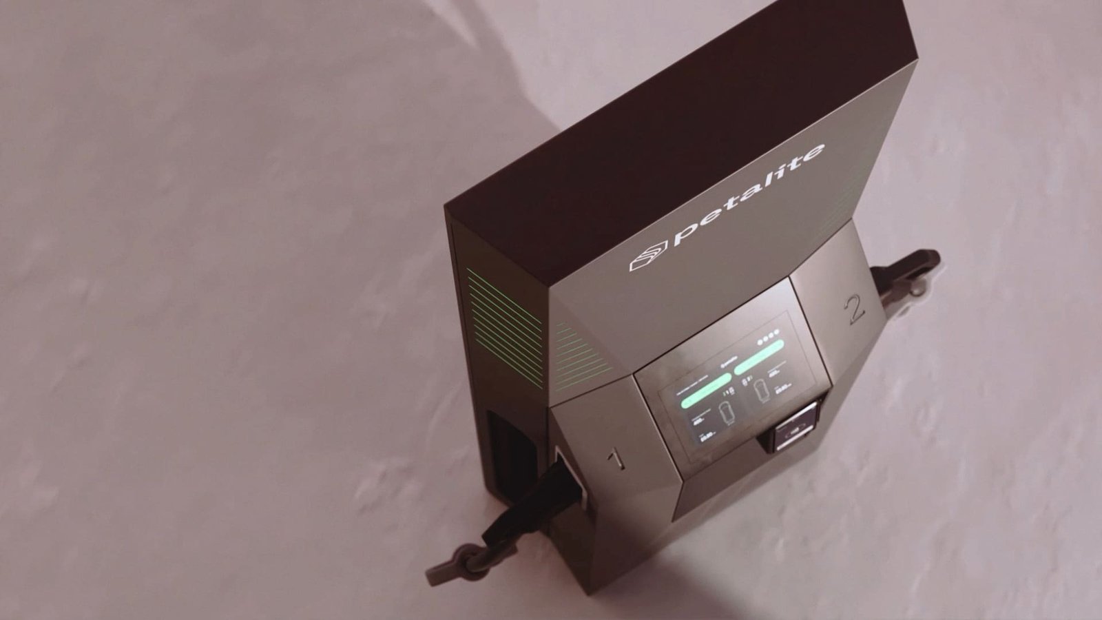 High-resolution 3D still render of the Petalite EV charging system showing detailed materials, panel lines and key connection features