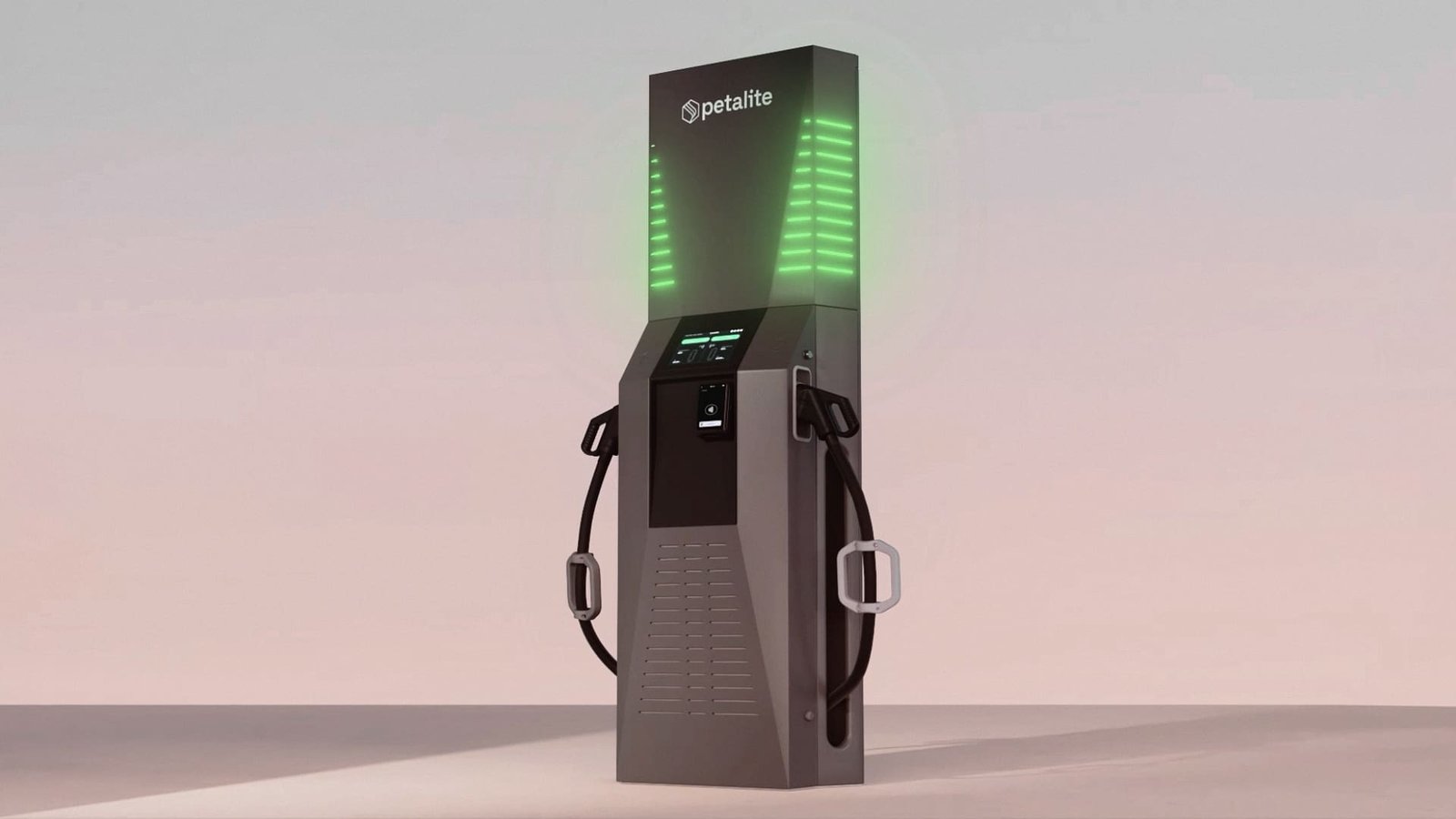 High-resolution 3D still render of the Petalite EV charging system highlighting structural details, surface finishes and key connection features