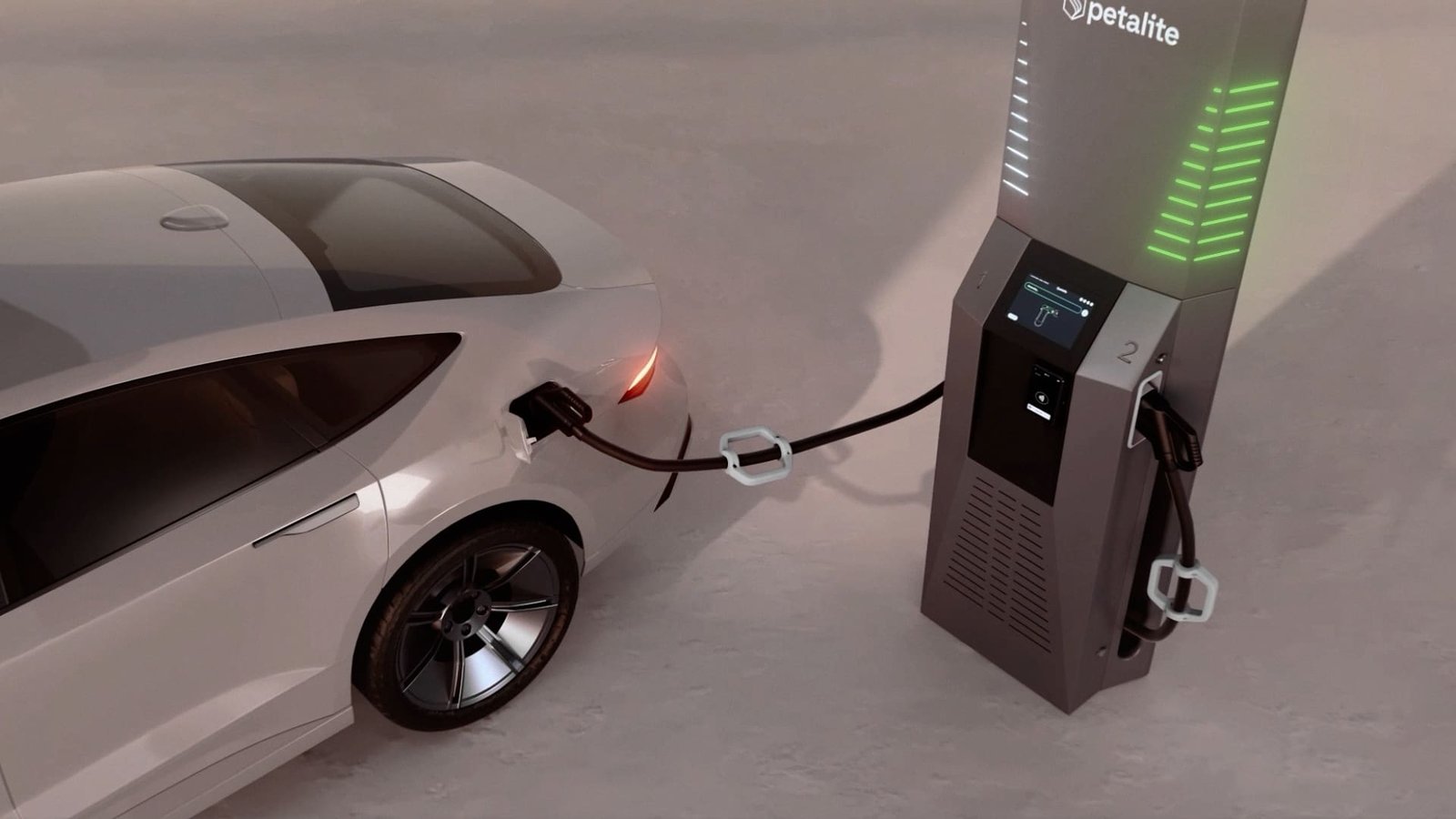 3D render of the Petalite EV charger with a car for scale, showing the unit in context with realistic proportions and key connection points