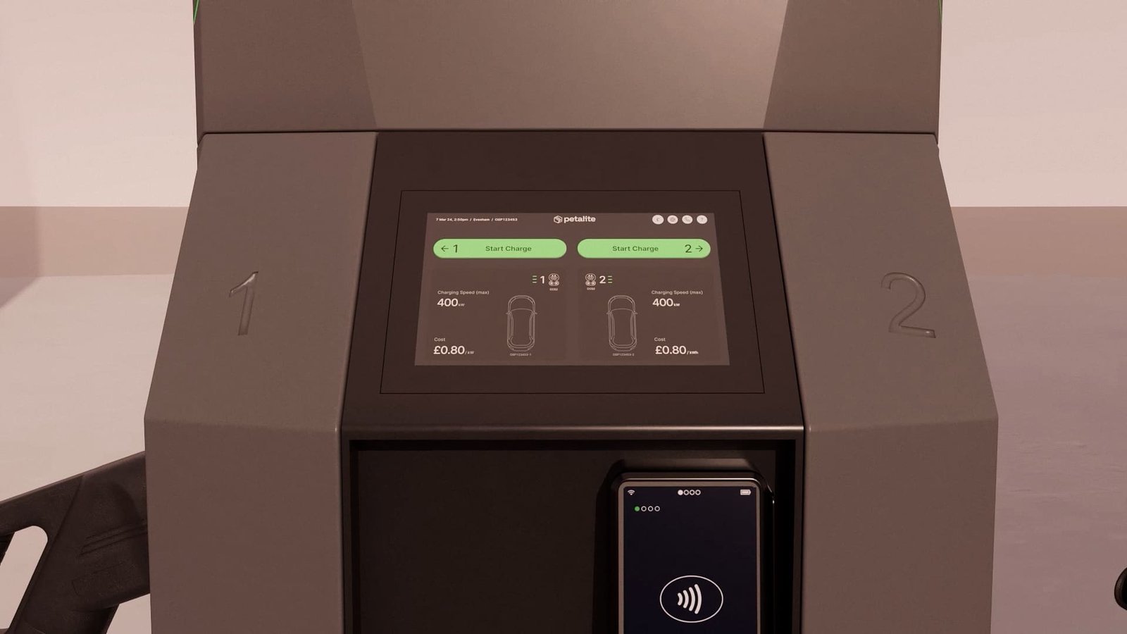 Close-up 3D render of the Petalite charge post screen showing the display area, bezel detail and interface visibility