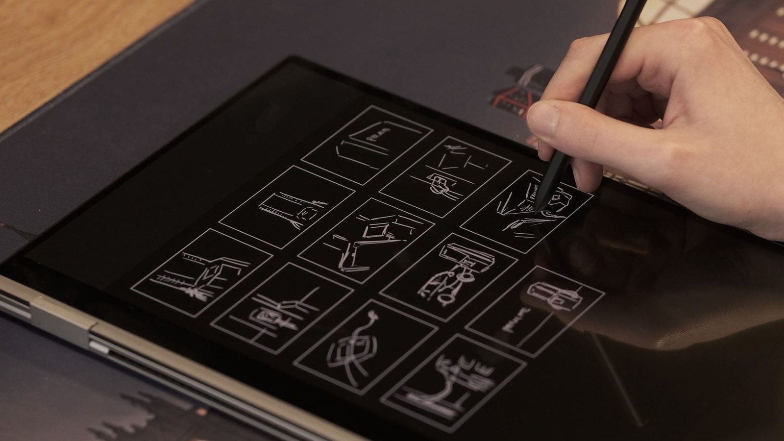 Petalite EV charger animation storyboard showing key scenes and camera angles for the product film
