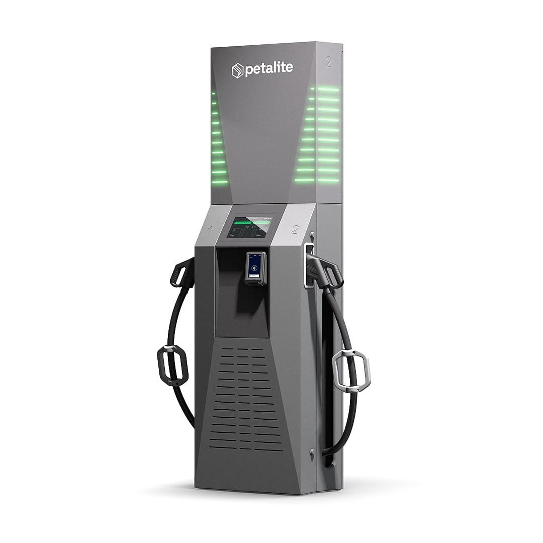 Angled 3D render of the Petalite EV charger showing the full unit design, casing details and cable connection point