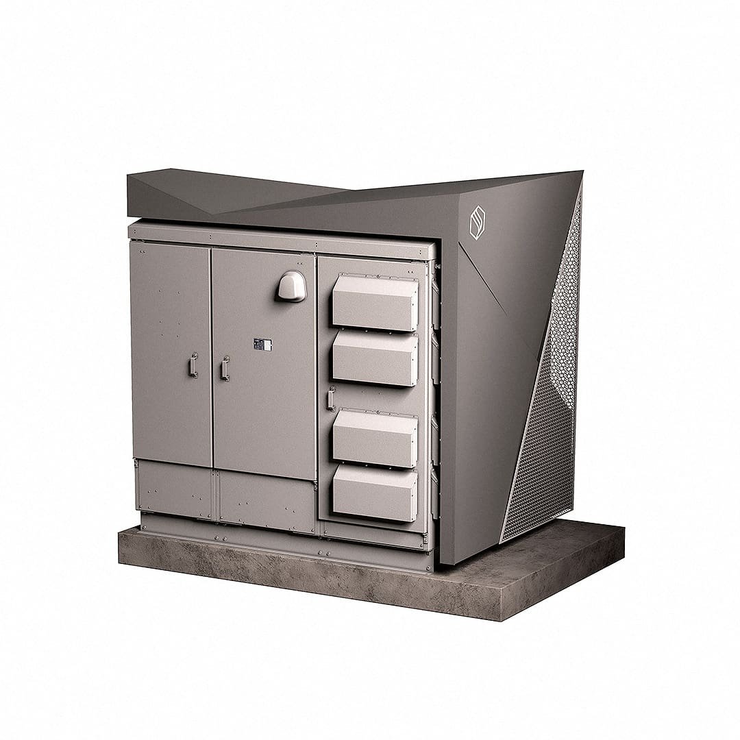 Front view 3D render of the Petalite SDC cabinet showing the door layout, vents, handles and branding area