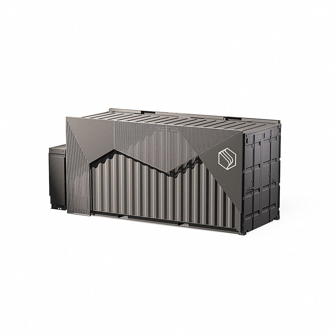 Angled 3D render of the Petalite SDC container showing the full enclosure, access doors, vents and external connection points
