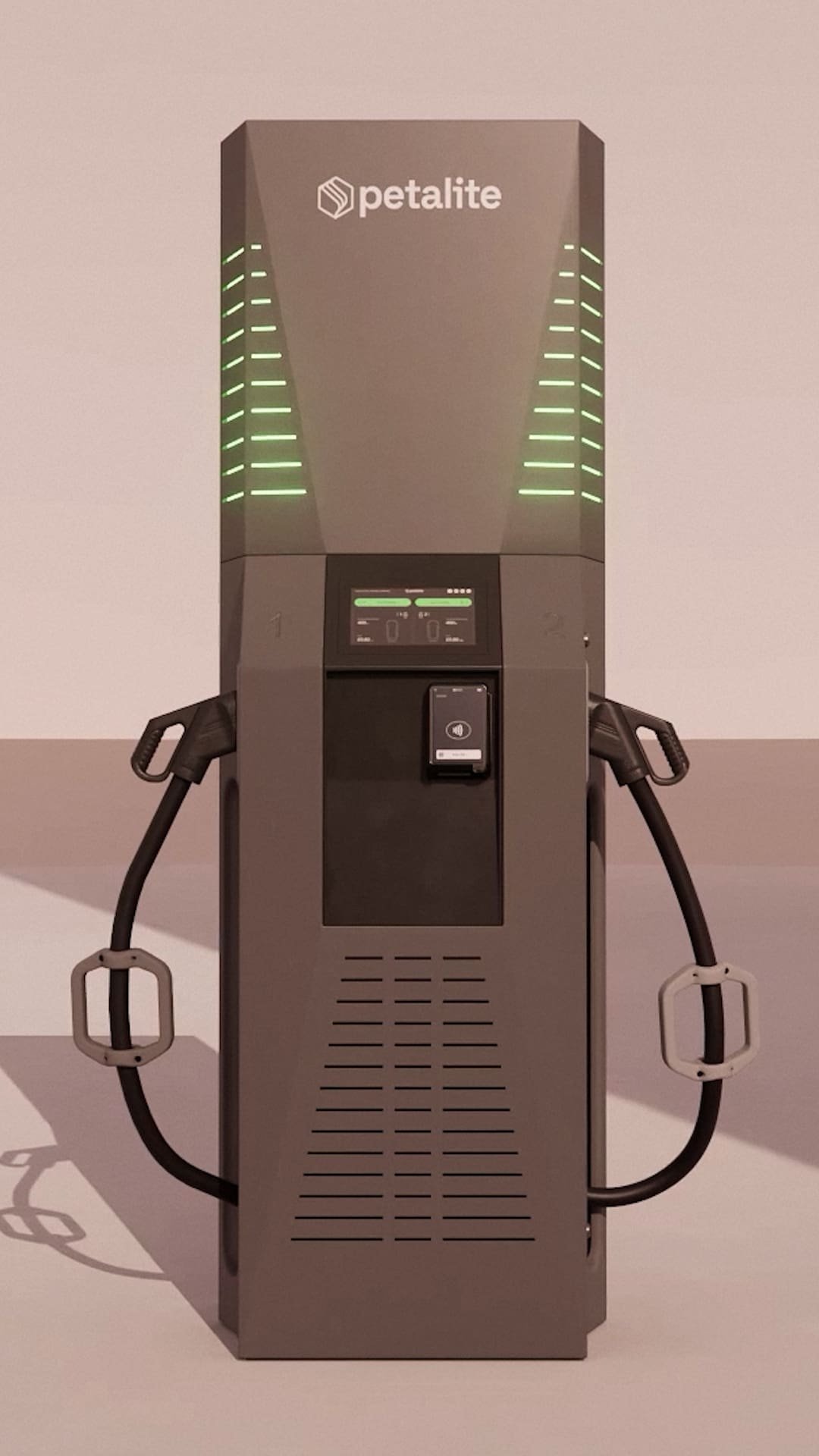 Vertical 3D render of the Petalite EV charging system designed for mobile and social layouts, highlighting the product form and key connection points