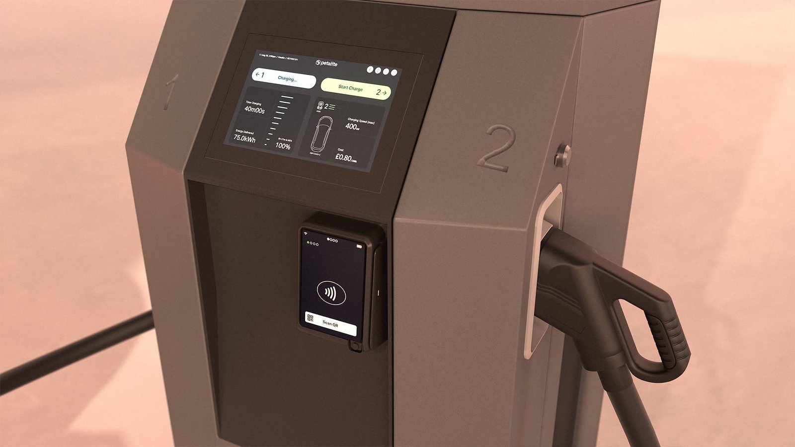 Homepage hero 3D render of the Petalite EV charger showing the product in a clean, premium studio-style setup