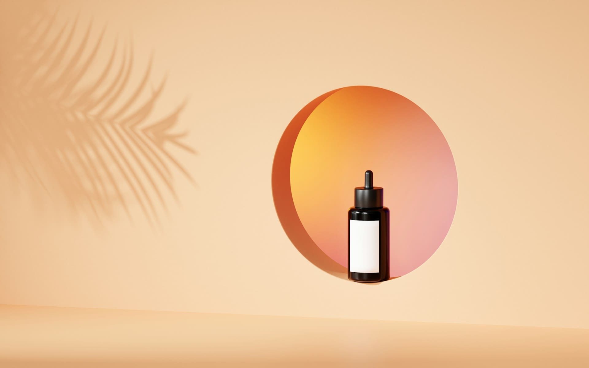An aesthetic orange product shot of a wellness oil in a circle, tropical styling
