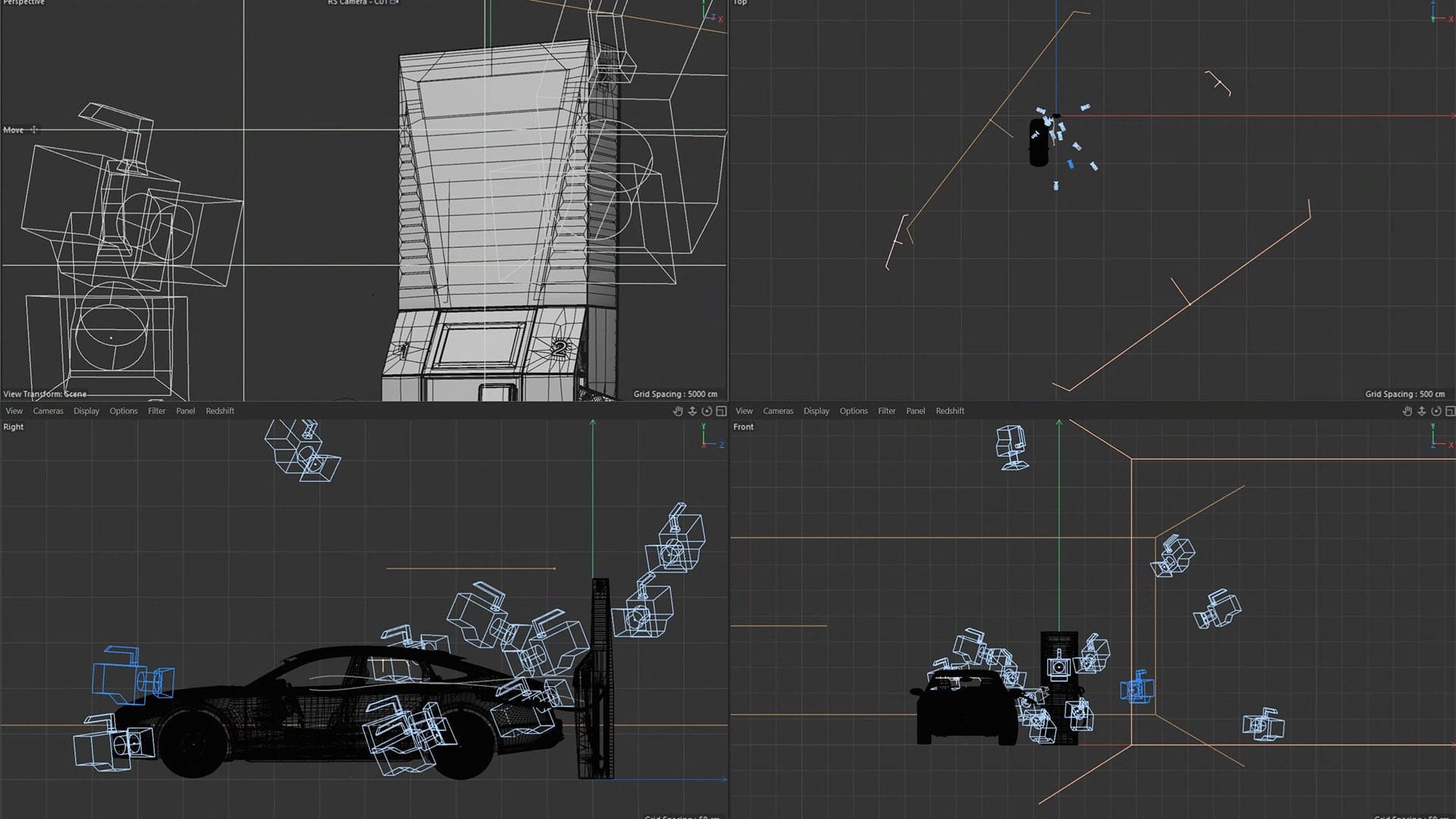 Studio lighting rig and camera setup used to render the Petalite EV charger, showing key lights and camera framing for clean product highlights